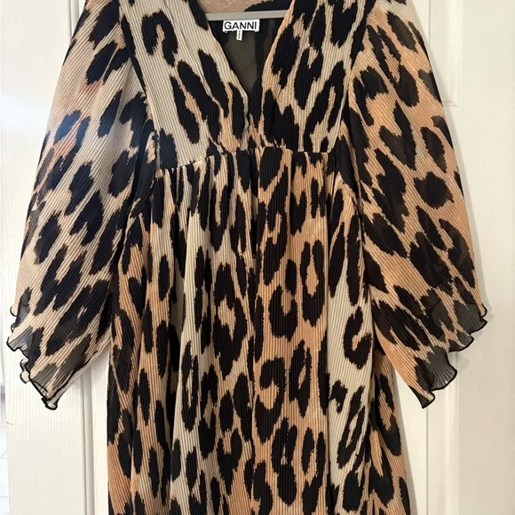 GANNI pleated georgette oversized mini dress in maxi leopard Small - Picture 4 of 6